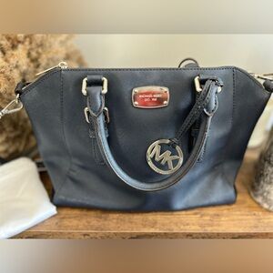 Michael Kors Blue Navy Leather Ciara Zip Up Satchel With Purse Strap Bag